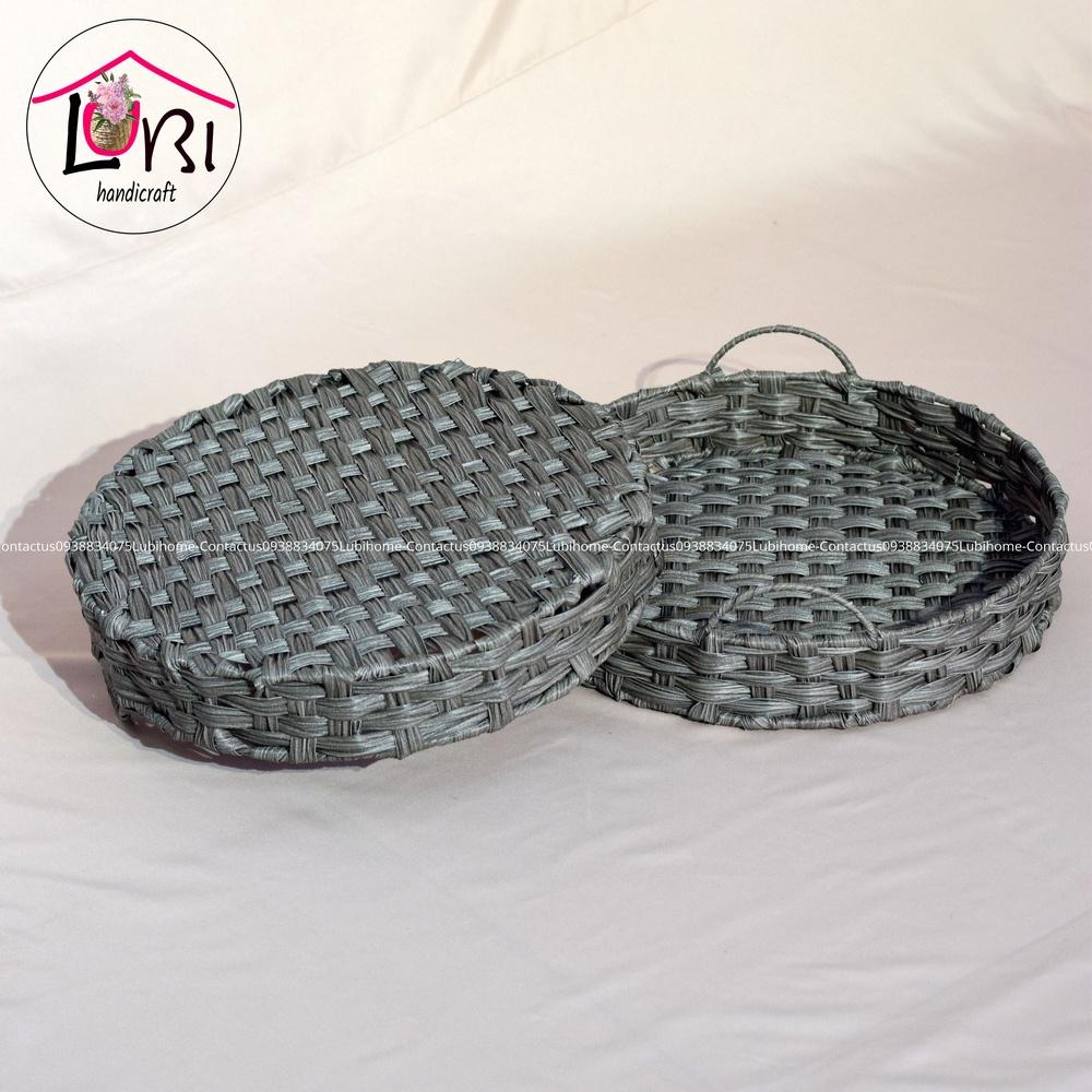 Lubihandicraft - Khay tròn đựng đồ đan dây nhựa xám quai cầm bán nguyệt - xinh xắn
