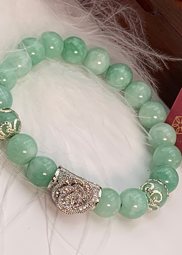 Vòng Đá Thạch Anh Xanh Vân 8 Ly Charm Hoa Đá Bạc