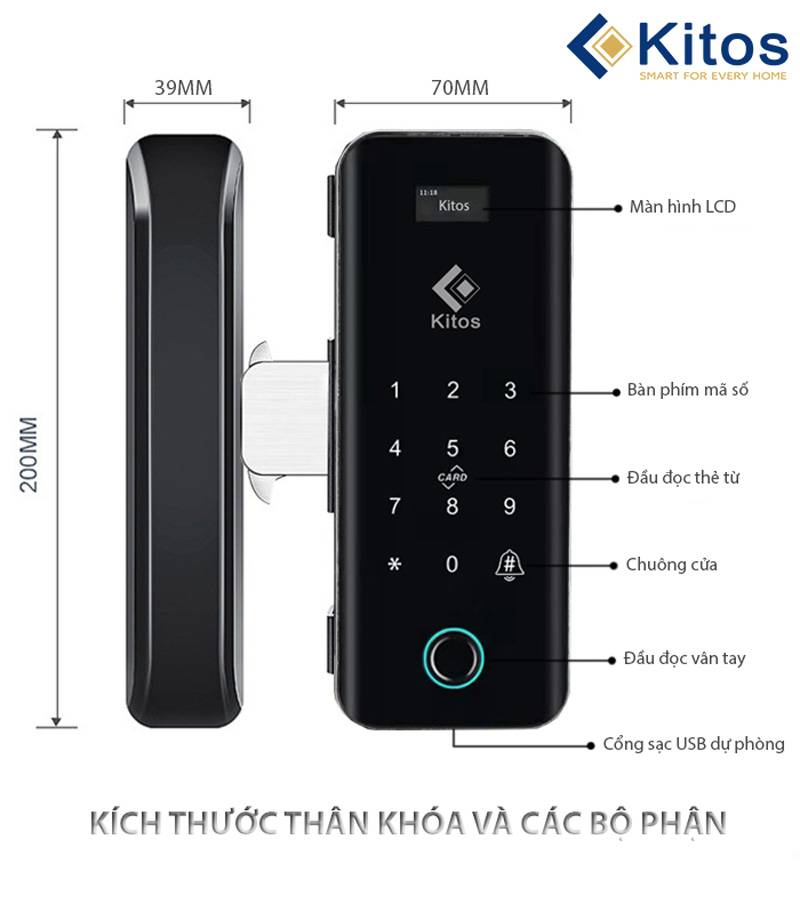 Khóa cửa thông minh điều khiển từ xa Kitos KT-GL50 Plus cho cửa kính