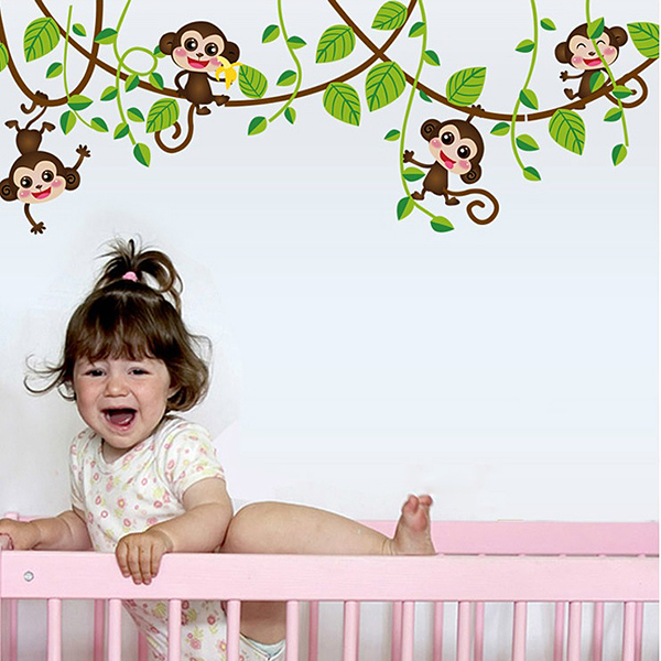 Decal Dán Tường Khỉ Con Đu Dây - 2 Bộ