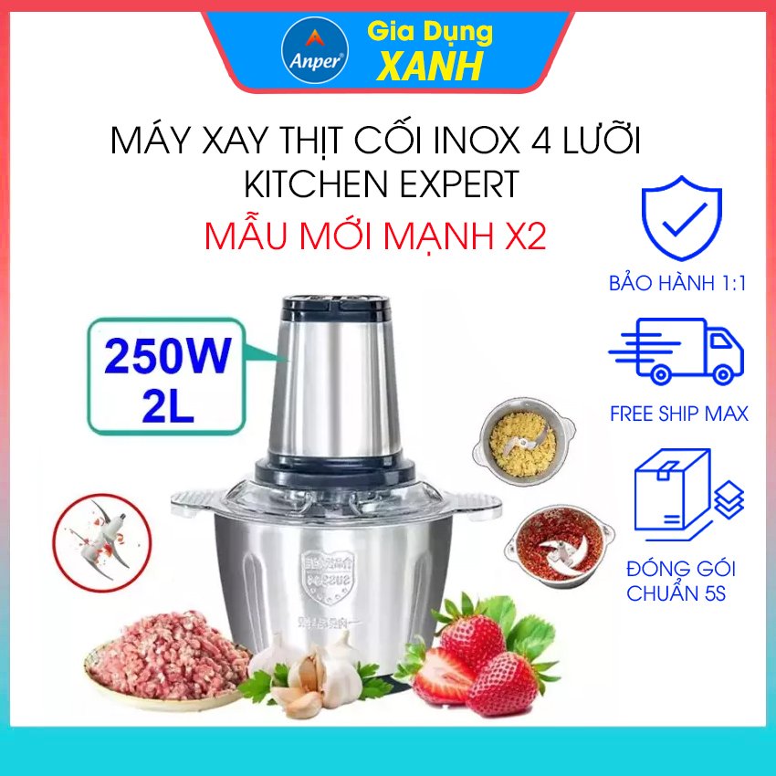 Máy xay thịt đa năng cối Inox 304  dung tích 2L  4 lưỡi dao bằng thép sinh tố tỏi  tiêu thức ăn dặm