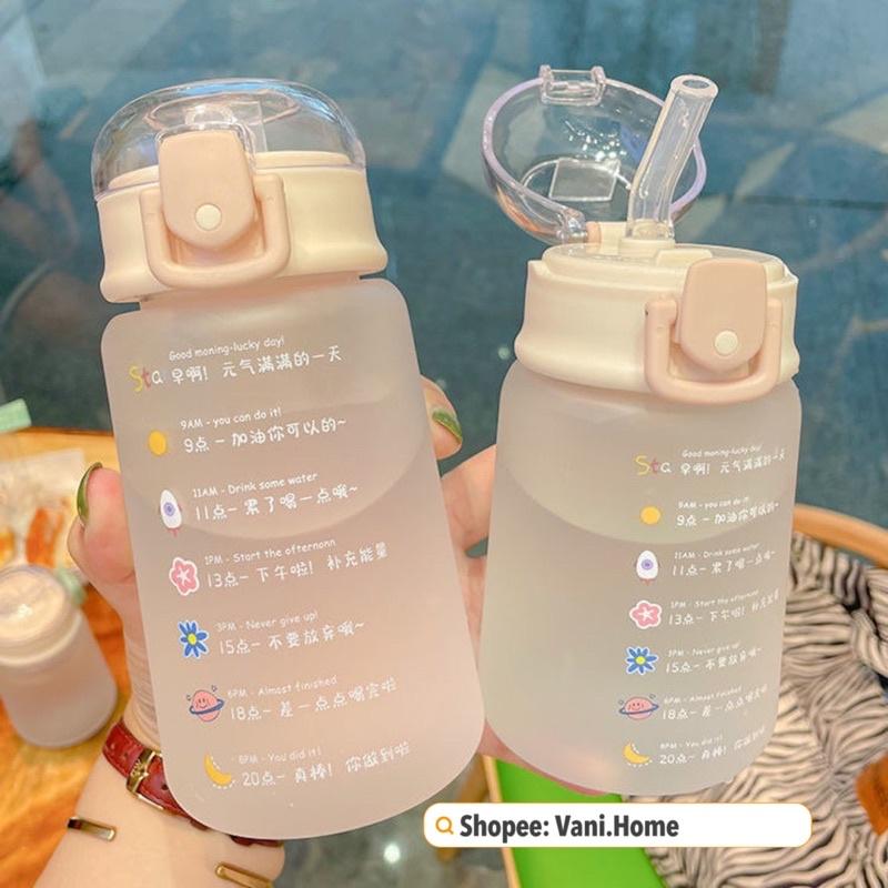Bình đựng nước cute màu PASTEL phong cách Hàn Quốc cho nữ kèm ống hút có vạch báo giờ uống nước 460ml mang theo tiện lợi