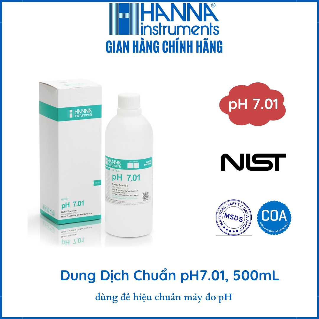 Dung Dịch Chuẩn NIST pH7.01 Để Kiểm Tra/Hiệu Chuẩn Lại Bất Kỳ Máy Đo pH Nào,500mL,HANNA HI7007L kèm chứng nhận COA,MSDS