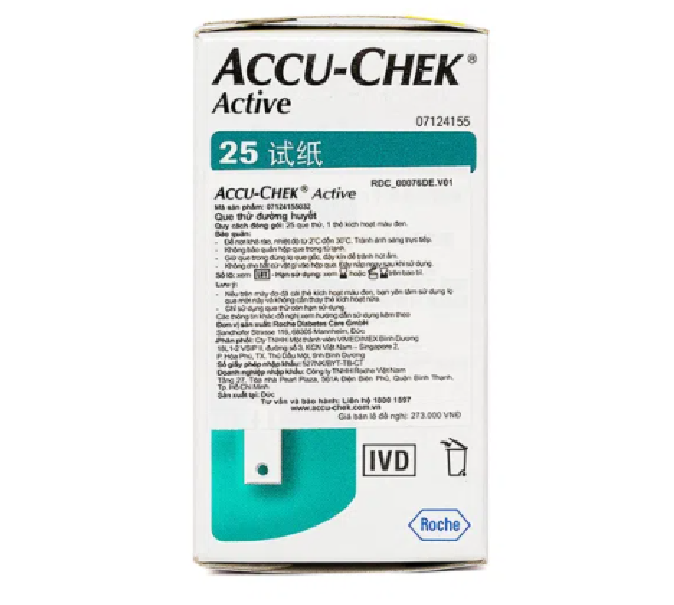 Hộp 25 que thử đường huyết Accu-Chek Active, NK chính ngạch, tem niêm phong, nhãn phụ tiếng việt