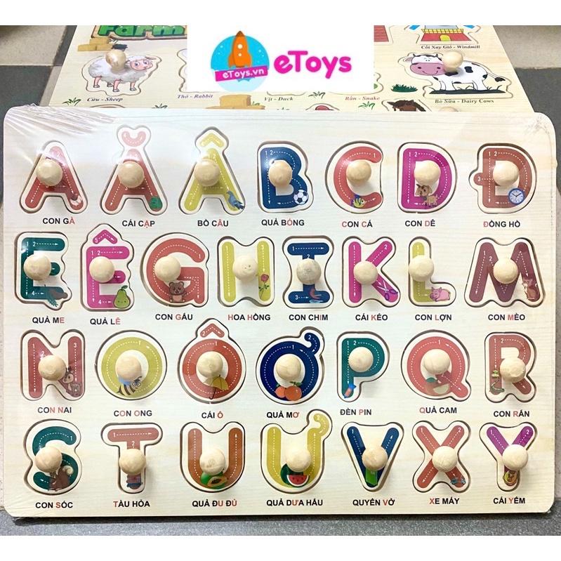Bảng ghép hình núm gỗ cho bé 1-4 tuổi mẫu chữ cái tiếng Việt dày đẹp