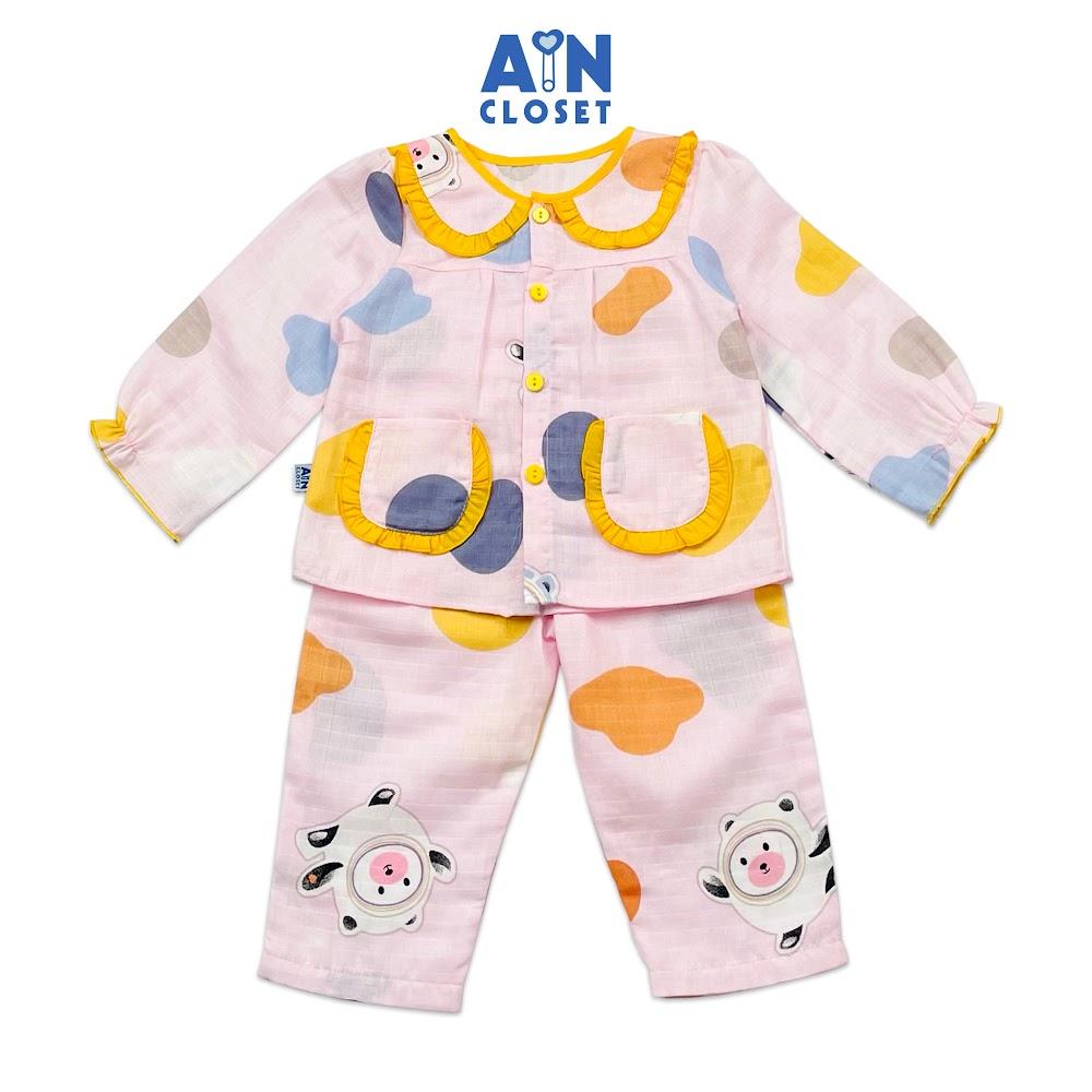 Bộ quần áo gài bé gái họa tiết Bò Gấu Trúc hồng xô sợi tre - AICDBGDH8DKK - AIN Closet