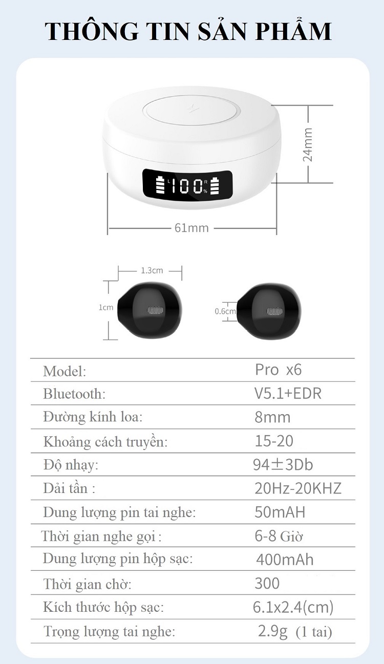 Tai Nghe Nhét Tai Pro.X6 - Bluetooth 5.1