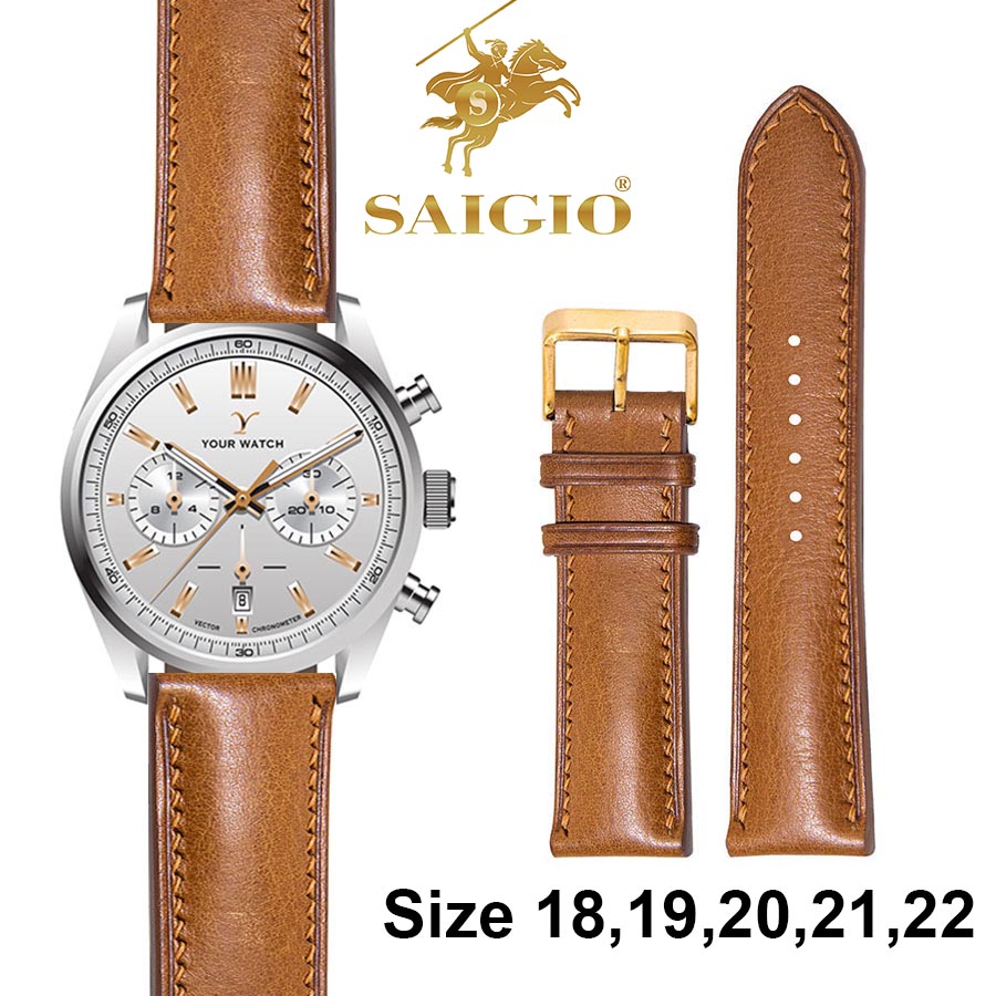 Dây Da Đồng Hồ Cổ Điển, Chất Liệu Da Bò Thật 100, Mặt Lót Chống Thấm Mồ Hôi, Tích Hợp Lớp Gia Cố Chống Giãn Đặc Biệt, Phụ Kiện Khóa và Chốt Bằng Thép Không Gỉ 316L, Nhiều Màu, Nhiều Size – Hàng Chính Hãng SAIGIO – Da Vàng Bò  Khóa Vàng – 18-16mm