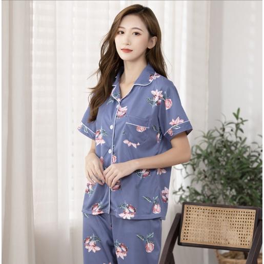 Pijama nữ ngắn tay chất lụa đẹp B99 - Đồ bộ ngủ pizama, pyjama mặc nhà cho mẹ cao cấp sang trọng giá rẻ Bigsize