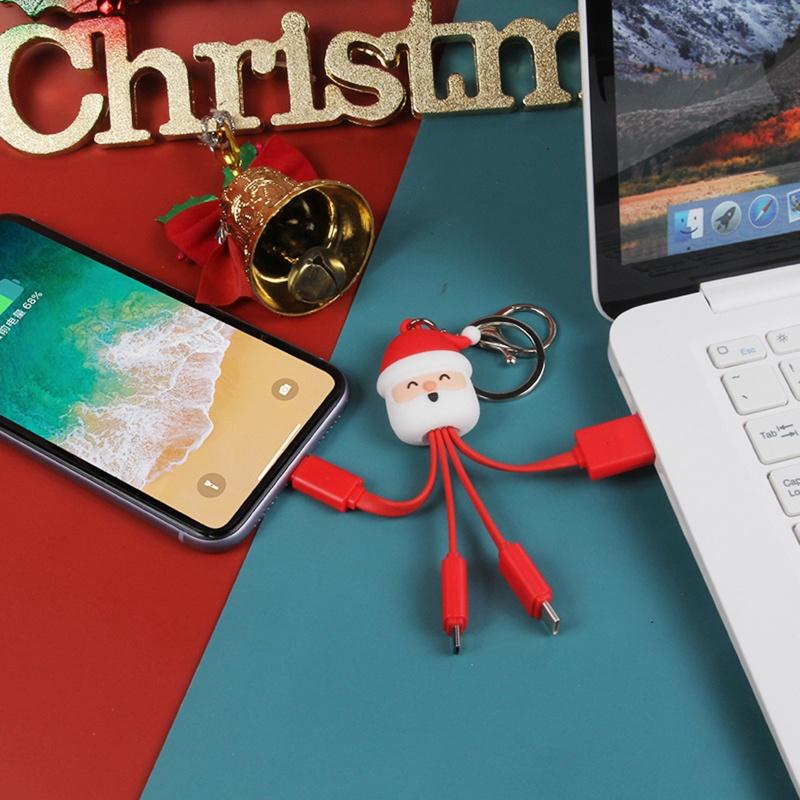 HSV 3 in 1 Creative Cartoon Charging Cable Multifunctional Fast Charging Cable with Type C/Micro USB Port Adapter Christmas Keychain