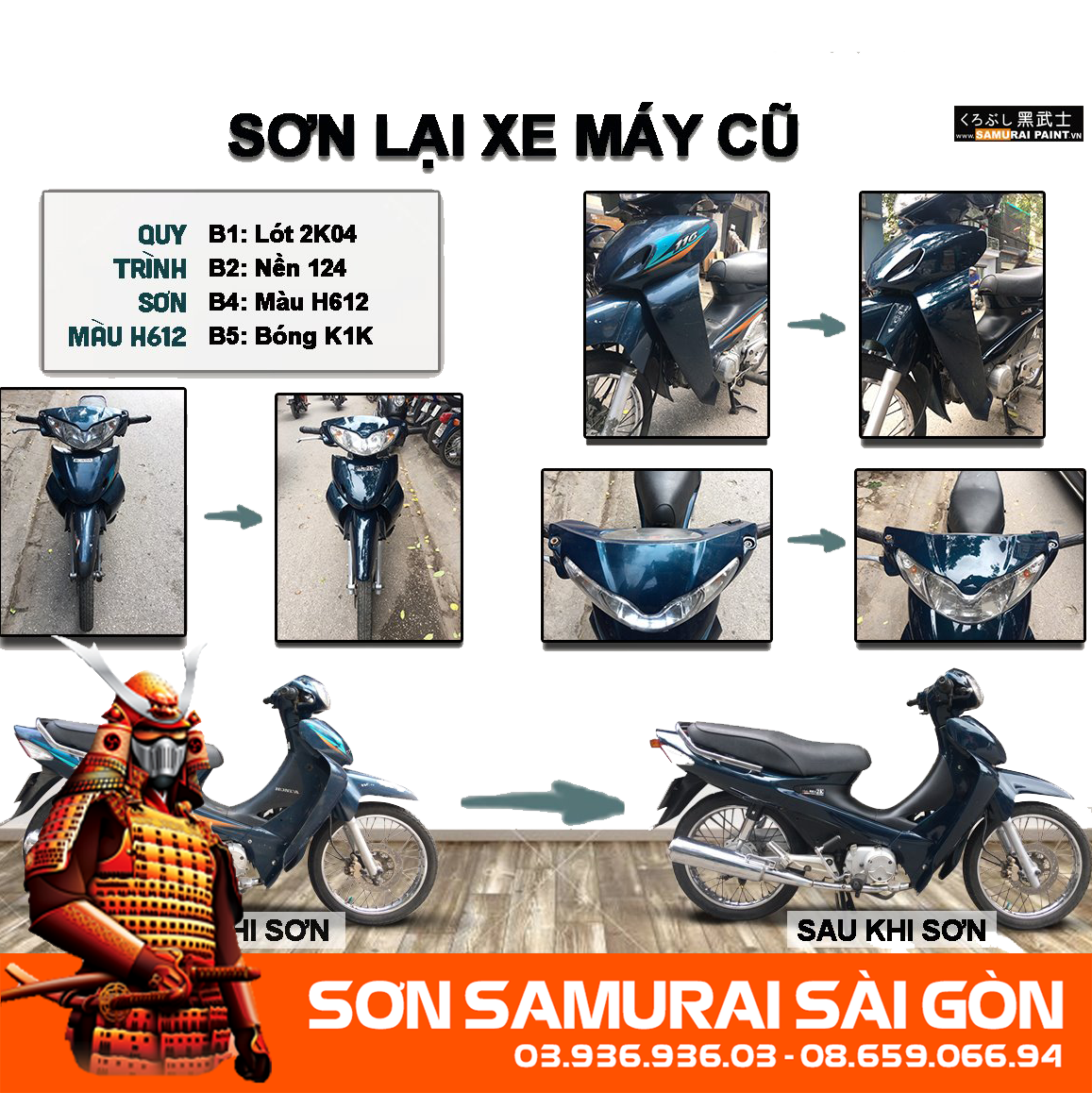 Sơn SAMURAI KUROBUSHI H612* MÀU XANH WAVE chính hãng - Sơn phun xe máy SAMURAI SÀI GÒN