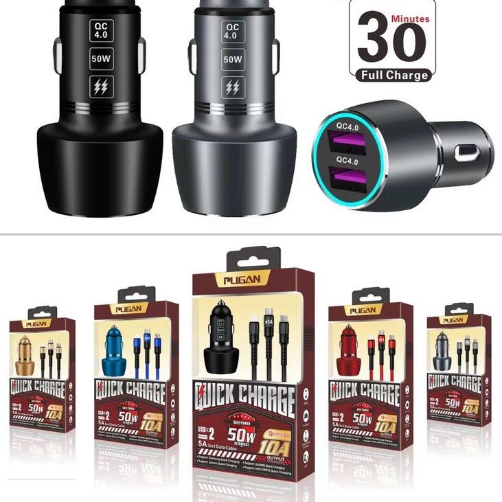 Tẩu Sạc Siêu Nhanh Quick Charge 4.0, PUGAN 10A, 50W, 12-24V, 2 Cổng USB, Dây Cáp 3 Đầu Sạc Cực Chắc Chắn