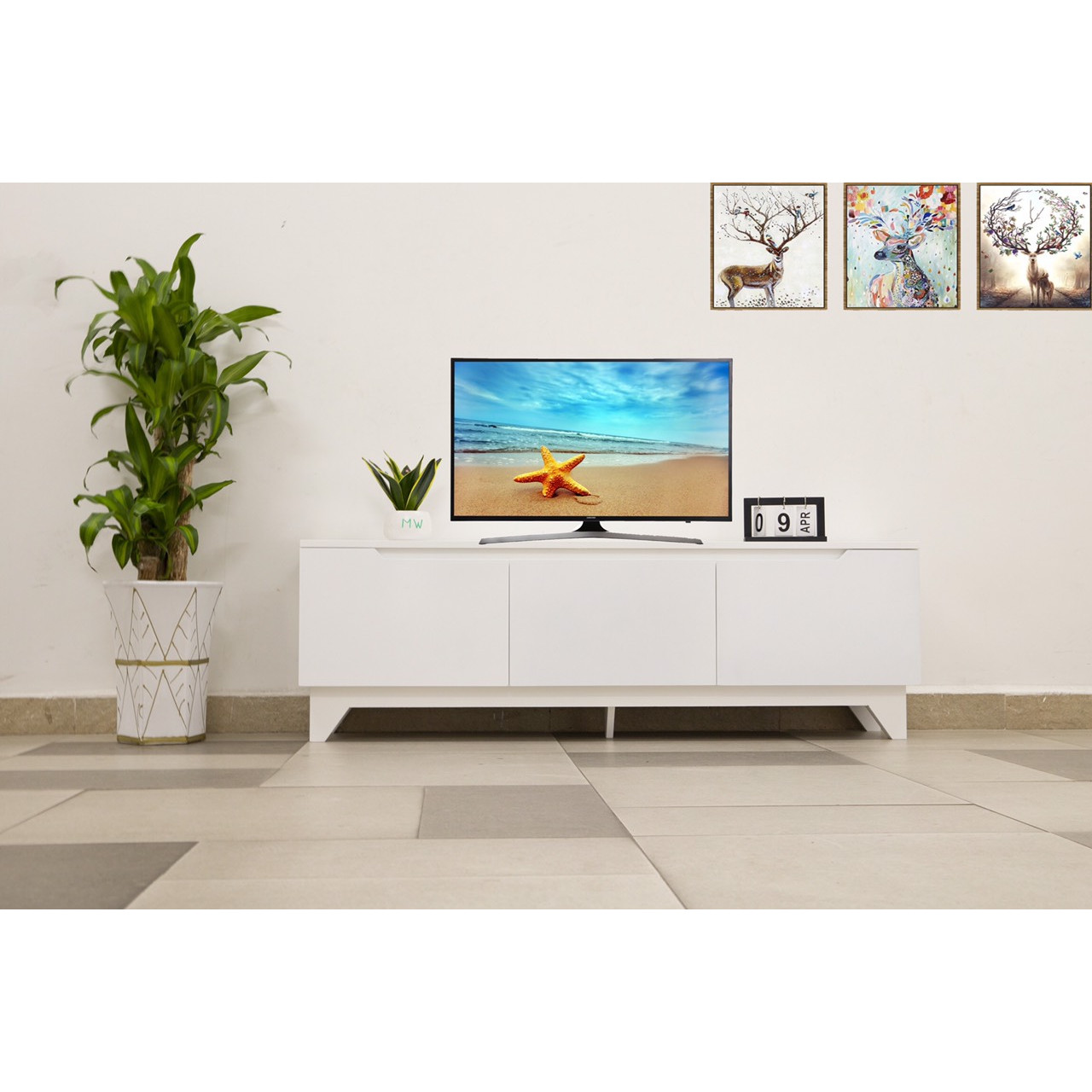 KỆ TIVI TRANG TRÍ NHÀ CỬA GỖ MDF [SIZE1m5] MÀU TRẮNG-TV SHELF WHITE [1M5]