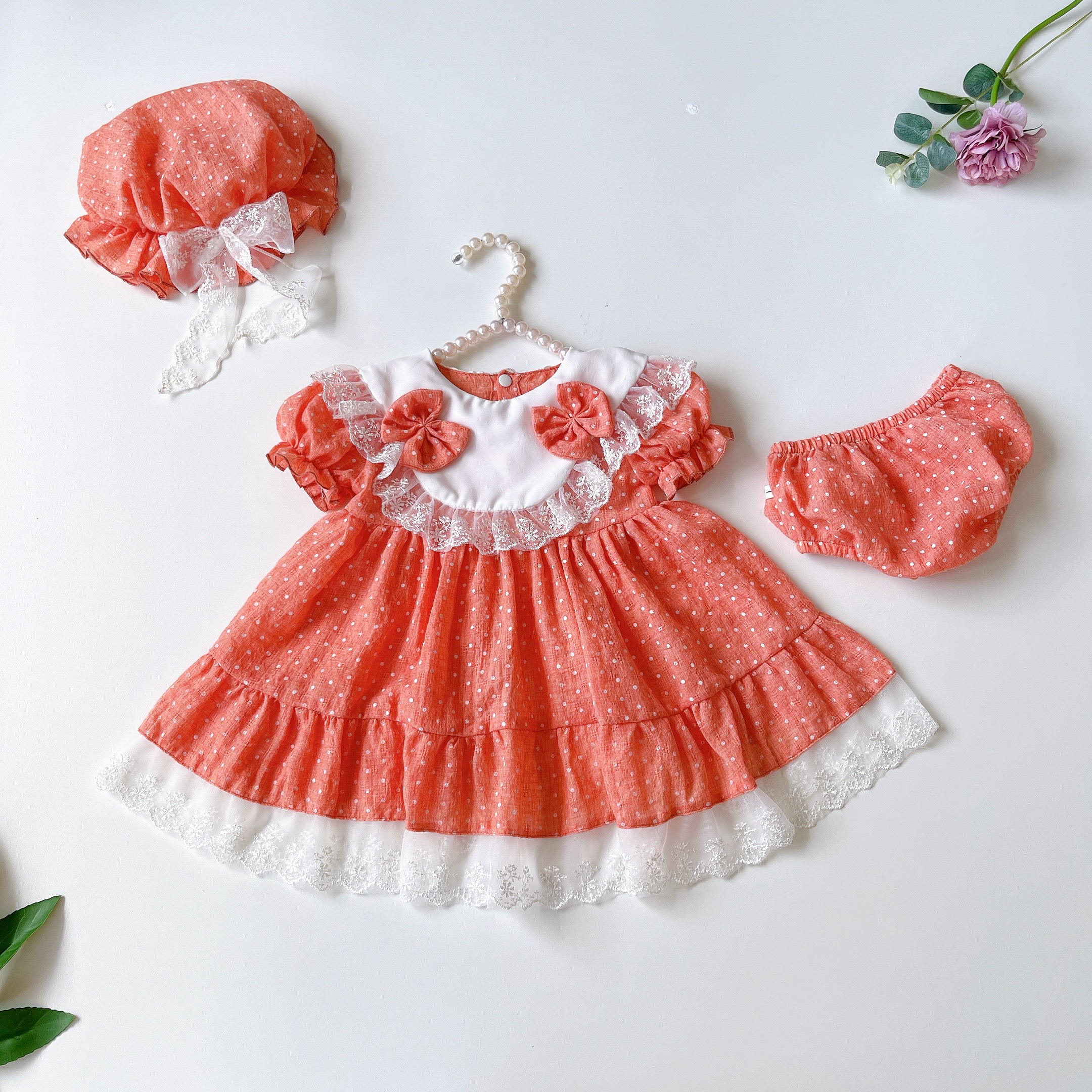 Váy Lolita Xanh Cốm 3 món cho bé sơ sinh -> 15kg
