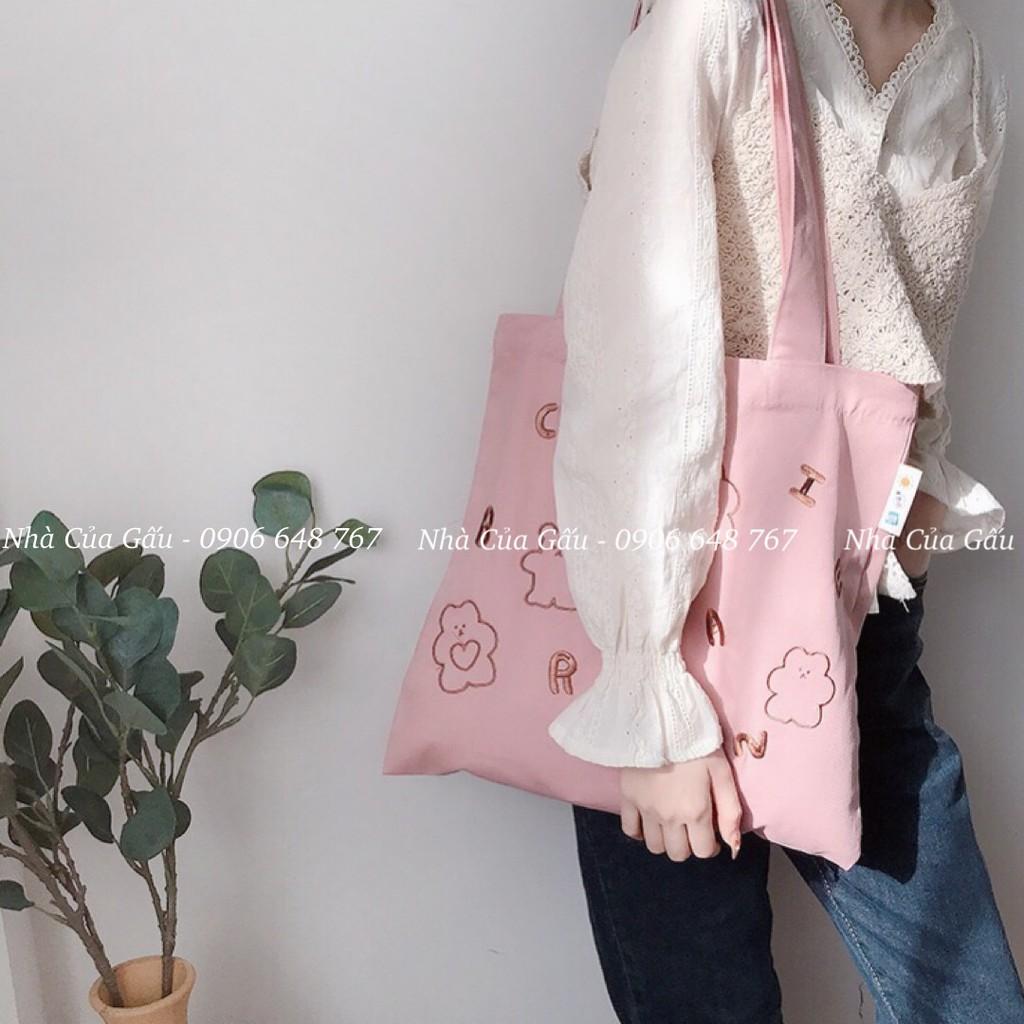 Túi xách tote vải canvas xịn hình gấu kèm chữ siêu đẹp