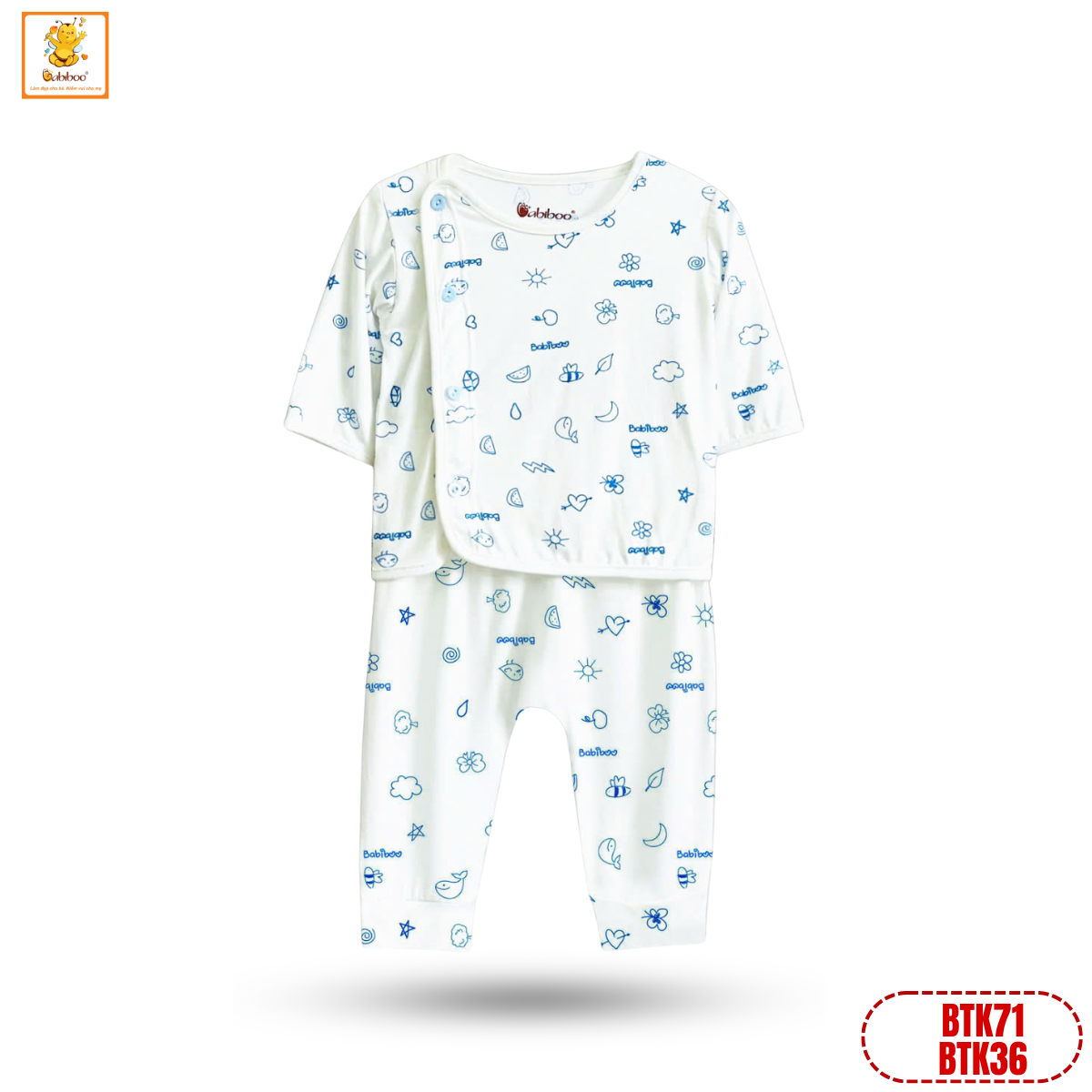 Quần áo sơ sinh Babiboo bộ dài tay họa tiết xinh xắn, vải viscose mềm mại, mịn mát BTK71+BTK36
