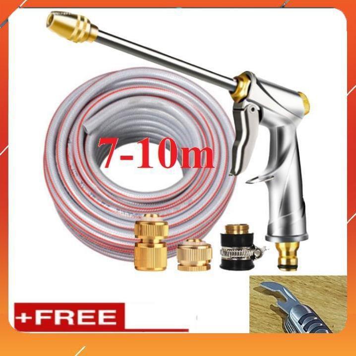 Vòi xịt nước rửa xe, tưới cây , tăng áp 3 lần, loại 7m, 10m 206701-2 đầu đồng,cút đồng+ mở chai