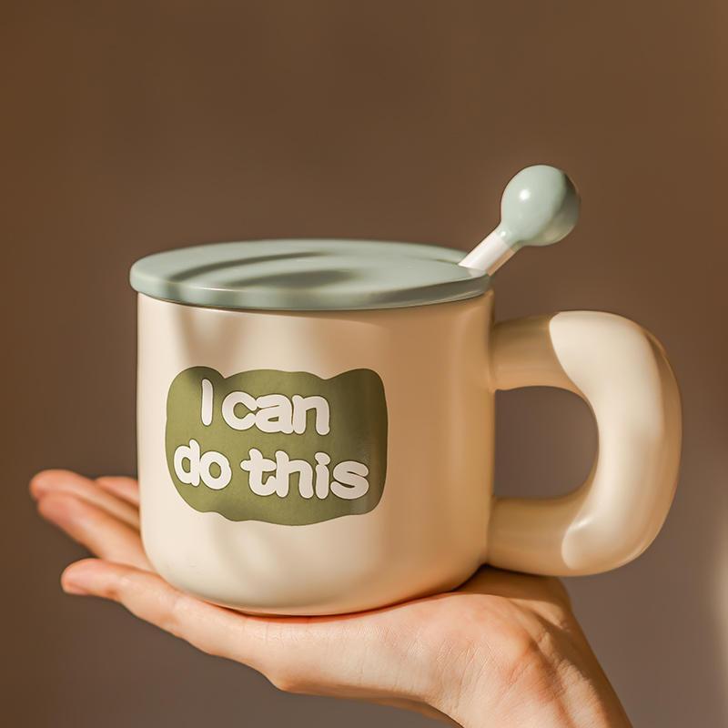 Cốc Sứ Cafe Sữa Tạo Động Lực Ngày Mới Cho Văn Phòng, Ăn Sáng Tại Nhà 380ml Có Nắp
