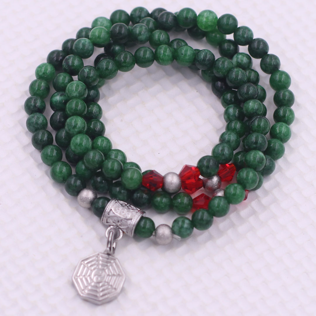 Vòng chuỗi 108 hạt đá cẩm thạch sơn thủy charm bát quái inox - hạt 6 ly, vòng chuỗi niệm Phật