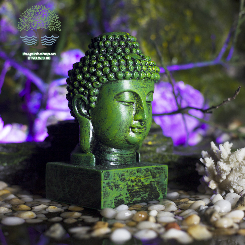 Diện Phật Thích Ca màu xanh rêu cao 15cm trang trí hồ cá, thuỷ sinh, tiểu cảnh, bán cạn, terrarium
