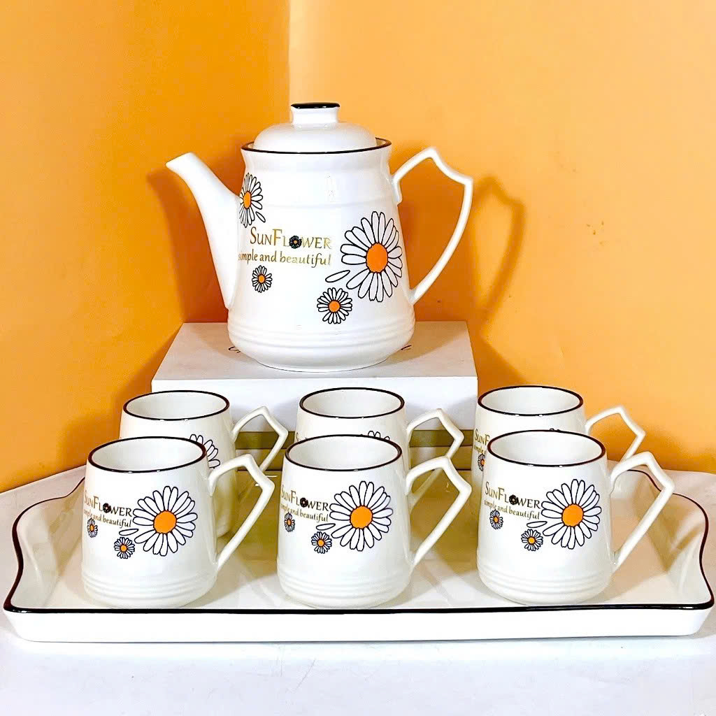 Bộ Ấm Trà Sứ Cao Cấp Kèm 6 Tách Trà + Khay Sứ Dày Dặn, Thiết Kế Tinh Tế Sang Trọng - HÀNG CHÍNH HÃNG MINIIN