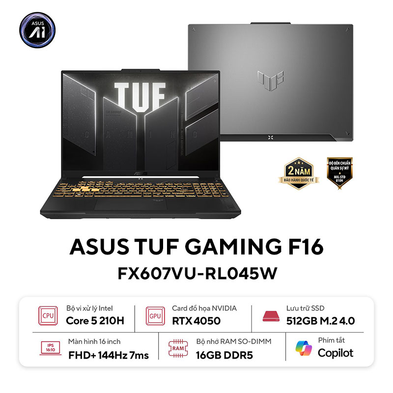 ASUS TUF Gaming F16 FX607VU-RL045W (Intel Core 5 210H | 16GB | 512GB | 16 inch FHD+ | RTX 4050 | Windows 11 Home | Xám) - HÀNG CHÍNH HÃNG