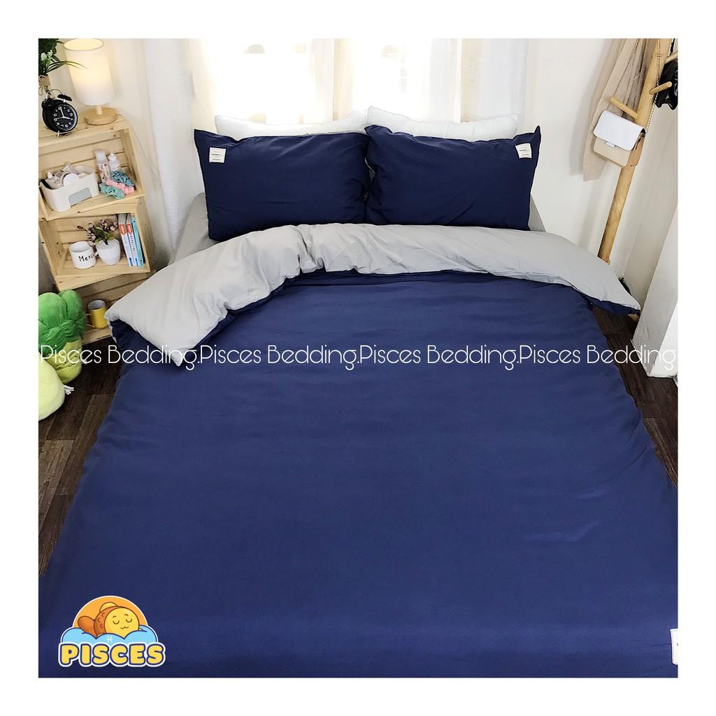 Bộ Chăn Ga Gối Cotton Đũi Xanh Than Phối Ghi