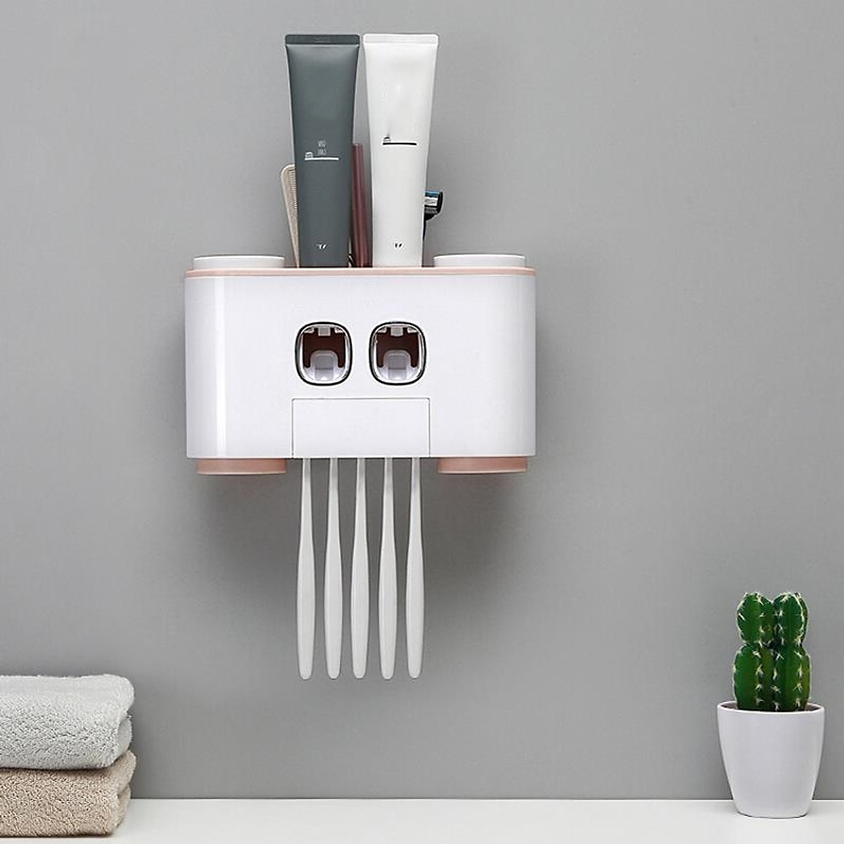 Kệ Nhả Kem Đánh Răng Tự Động Thông Minh Kết hợp rãnh để đồ & treo cốc - Tặng kèm 4 Cốc Hút Từ Tính - Kệ Nhà Tắm Dán Tường Tiện Ích - Giao màu Ngẫu Nhiên