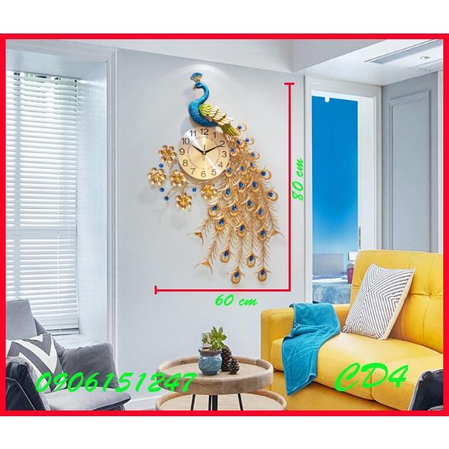 Đồng hồ treo tường trang trí decor chim công CD4 Khổng Tước vàng kích thước 80 x 60 cm