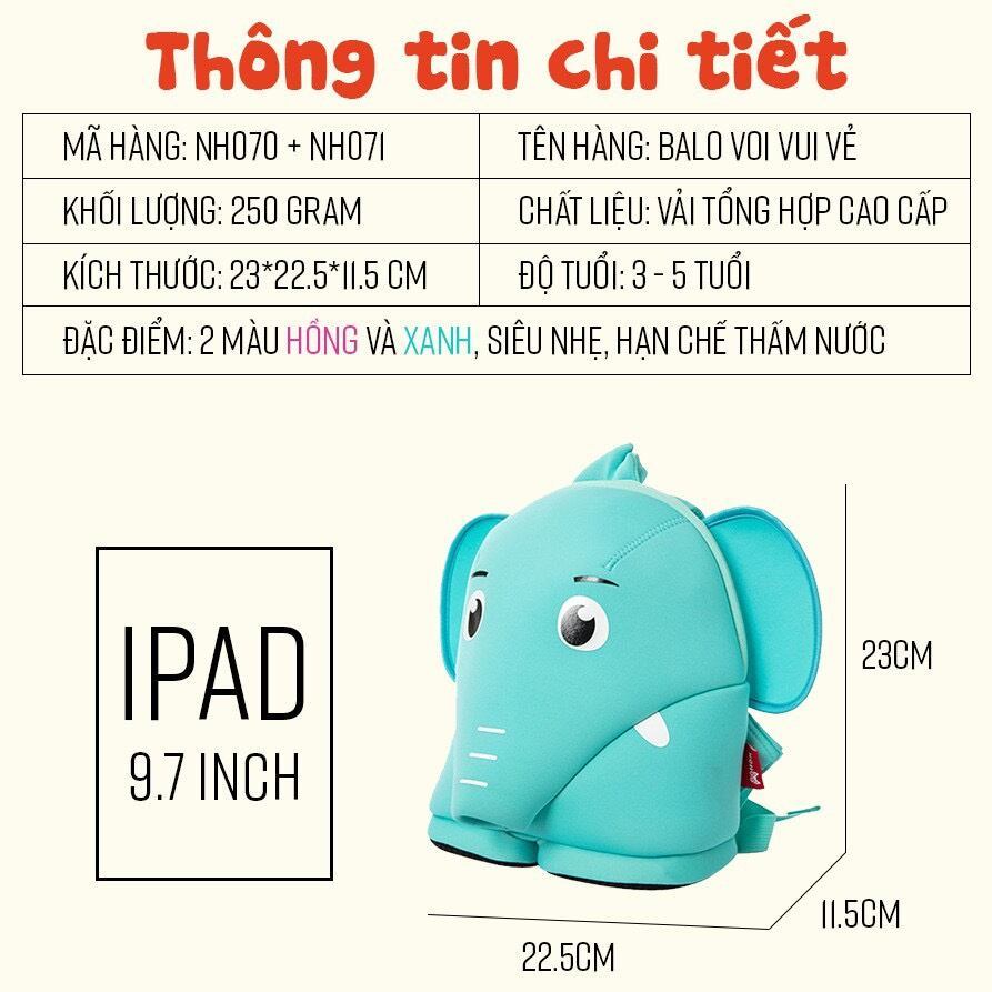 Balo Đi Học Mẫu Giáo Mầm Non Cho Bé Trai Gái - Ba Lô Chống Nước Hình 3D Voi Xanh chất đẹp giá rẻ