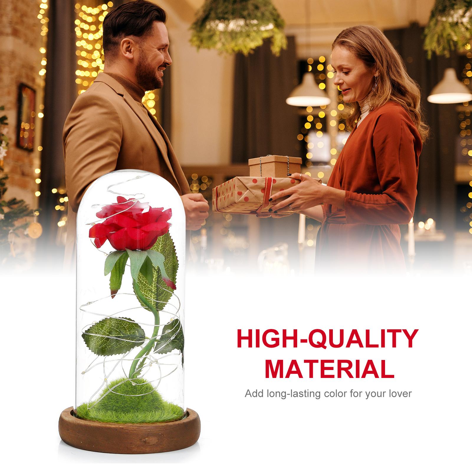 Hoa hồng giả dễ thương trong lồng kính, có đèn LED, làm quà tặng, trang trí