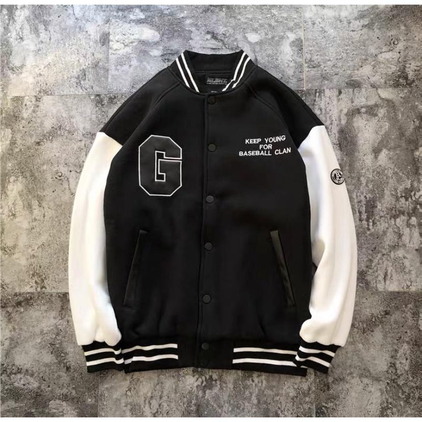 Áo Khoác Bomber Nam Nữ Logo In Chữ G Phối Tay Trắng Chất Nỉ PE Cao Cấp Không Xù Kiểu Dáng Hot Trending