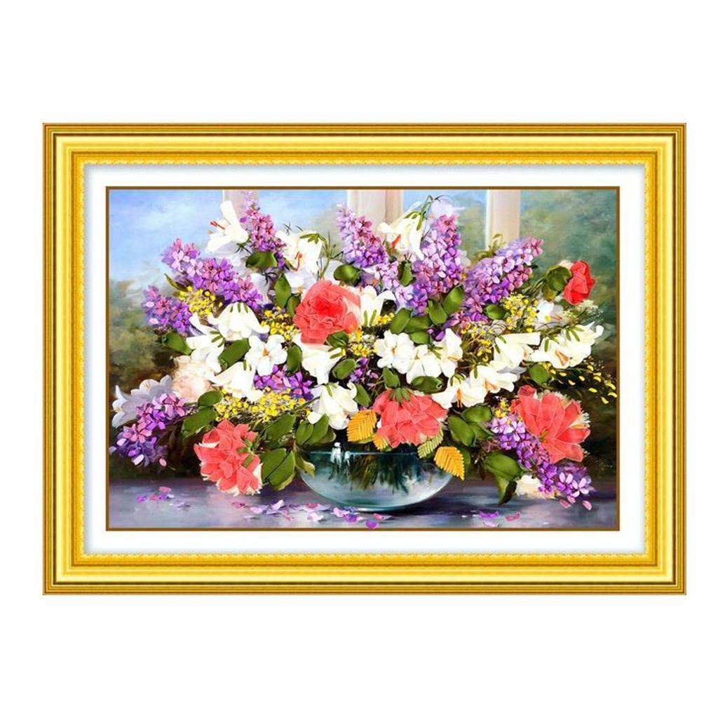 Ribbon Embroidery Kit Cross Stitch Painting Colorful Flower DIY Needlework