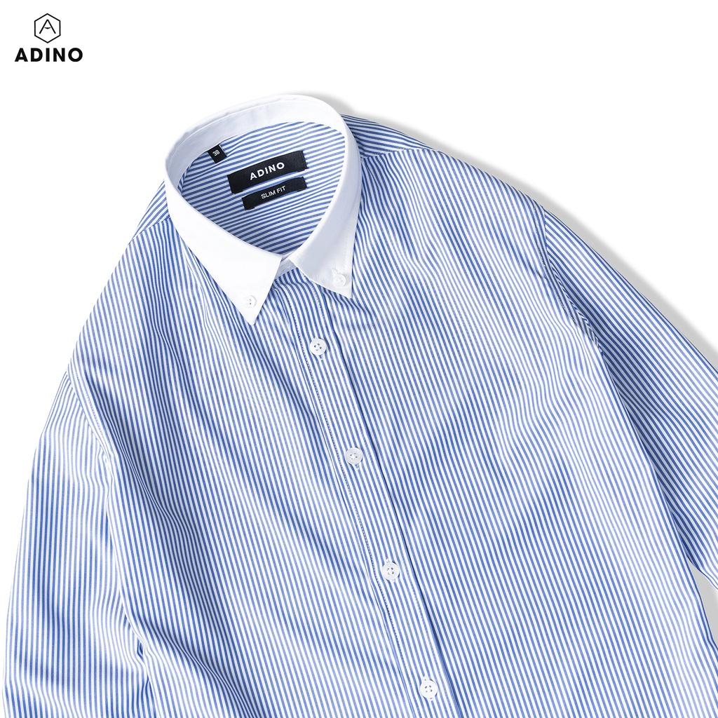 Sơ mi kẻ sọc nam màu xanh biển phối cổ trắng ADINO vải sợi sồi modal polyester mềm mịn dáng slimfit hơi ôm SM11