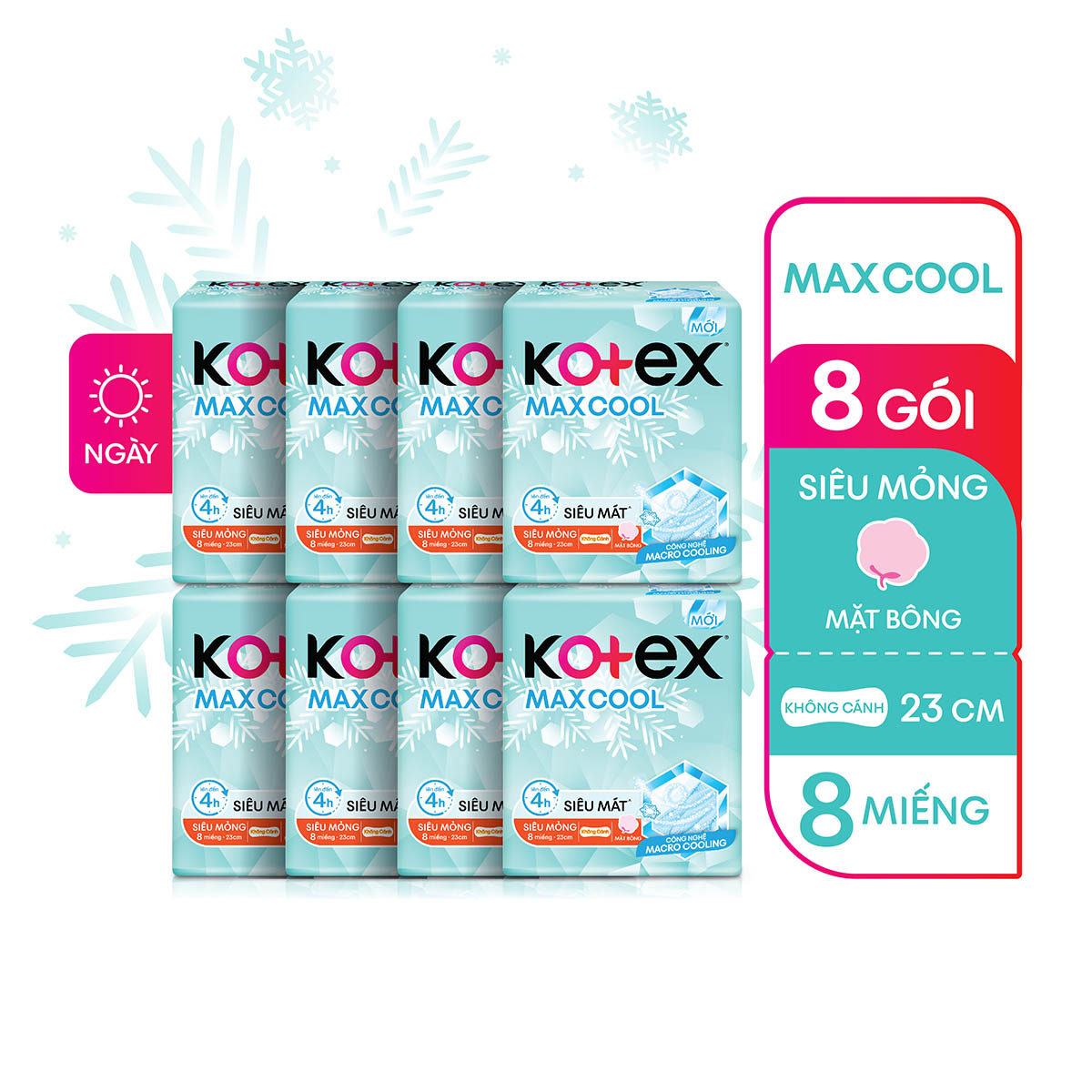 Combo 8 gói Băng Vệ Sinh Kotex Max Cool Siêu Mỏng Không Cánh 23cm 8 miếng