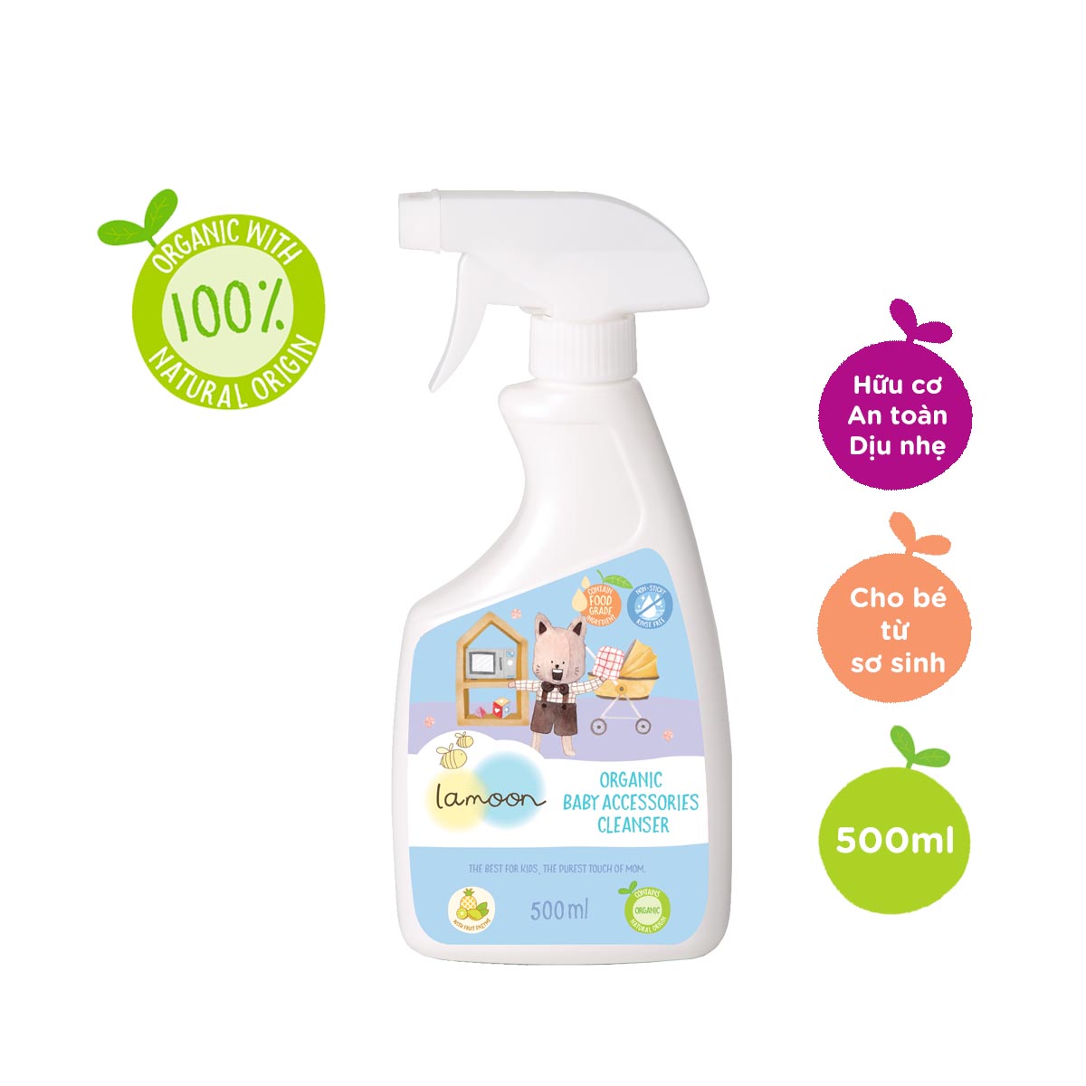 COMBO 2 Bình Nước rửa đồ chơi Organic Lamoon 500ml TẶNG 1 Bình Sữa PP Ty Siêu Mềm Tự Nhiên 150ml