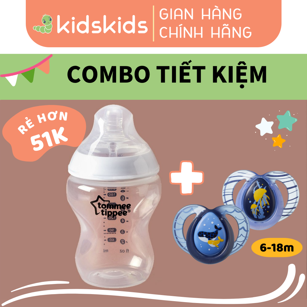 COMBO Ty ngậm dạ quang cho bé Tommee Tippee Night Time 6-18 tháng &amp; Bình sữa ty siêu mềm tự nhiên Tommee Tippee 260ml