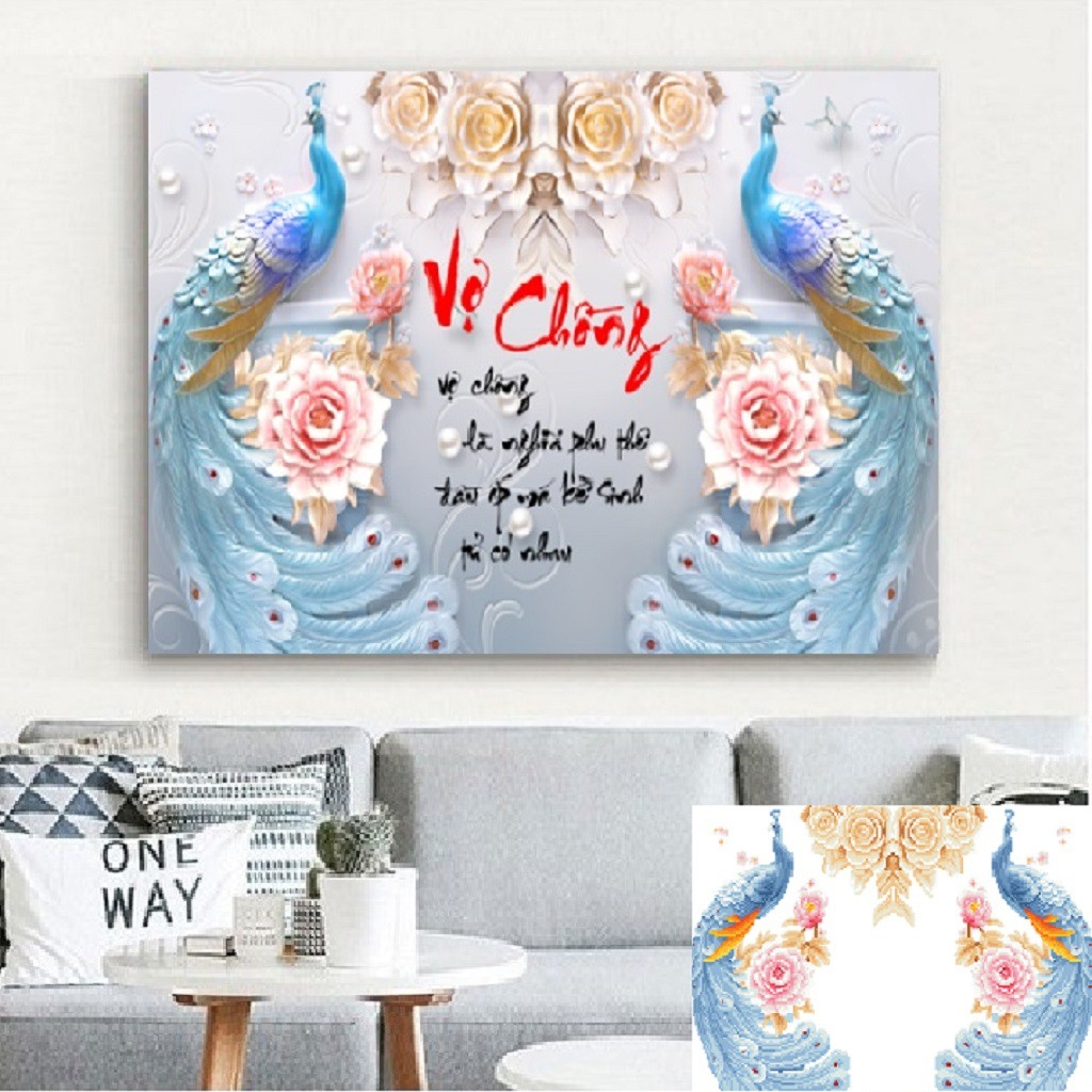 Tranh thêu chữ thập Vợ Chồng (63x43cm) chưa thêu