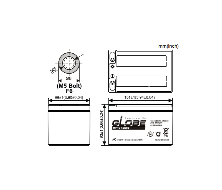 ẮC QUY KÍN KHÍ (VRLA AGM) GLOBE 12V 12AH WP12-12SE - (PDC-TECH)