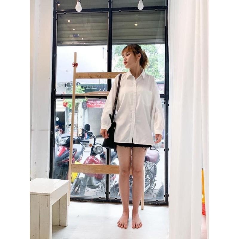 Áo sơ mi nữ dài tay trơn basic dáng rộng tay bồng - Áo trắng công sở thanh lịch