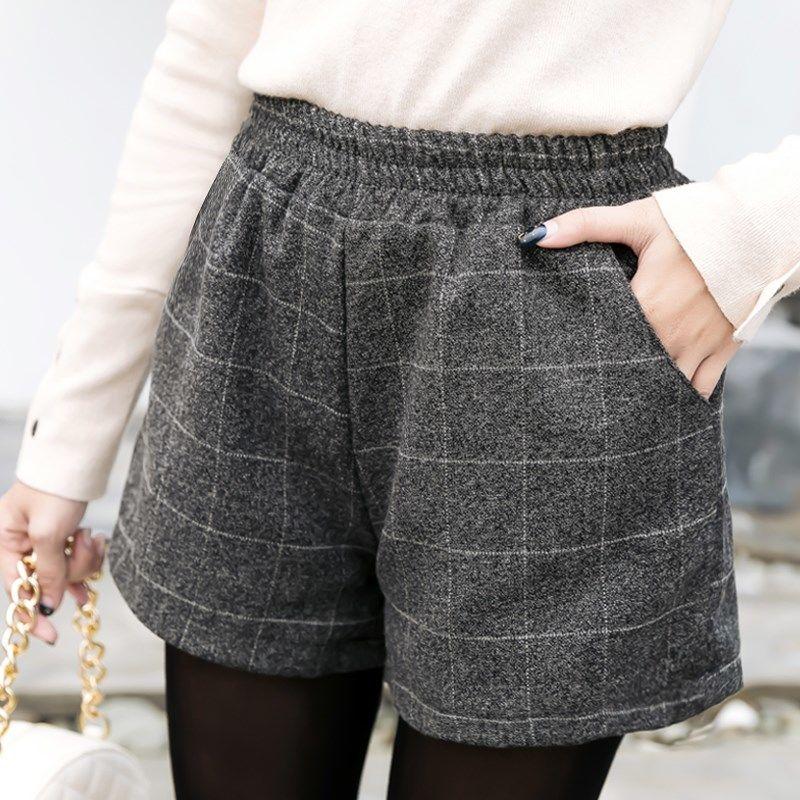 Quần Short Nữ Plus Kích Thước 4XL Lưng Thun Kẻ Sọc Túi Mùa Đông Dày Hơn Thời Trang Retro Bông Tai Kẹp Thanh Lịch Phong Cách Hàn Quốc Rời Sang Trọng Ins