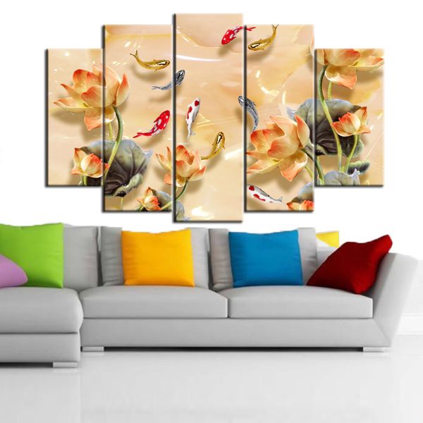 Bộ Tranh 5 Tấm Hoa Sen Cá Chép - Cửu Ngư Quần Hội - CN004