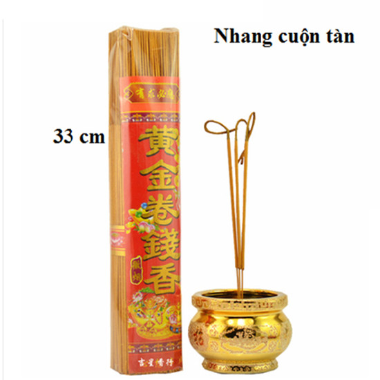 Nhang THẦN TÀI cuộn tàn 3XU LOẠI 1 gỗ Đàn Hương 33cm nhũ vàng (300-400 cây) ít khói rất đẹp