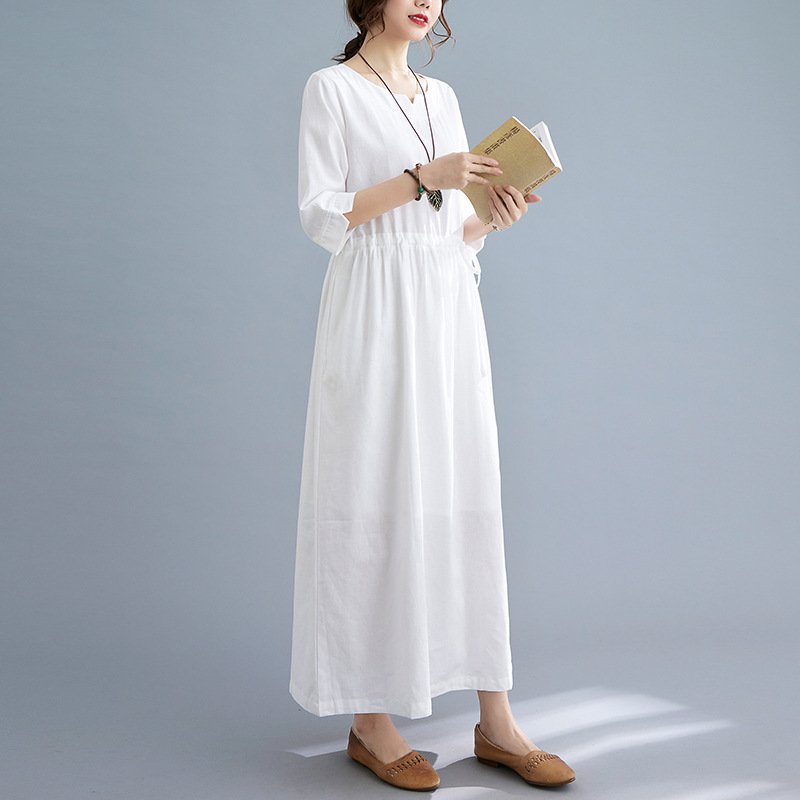 Đầm trắng linen công sở dáng maxi, họa tiết trơn basic, thiết kế tay lỡ xinh CS78