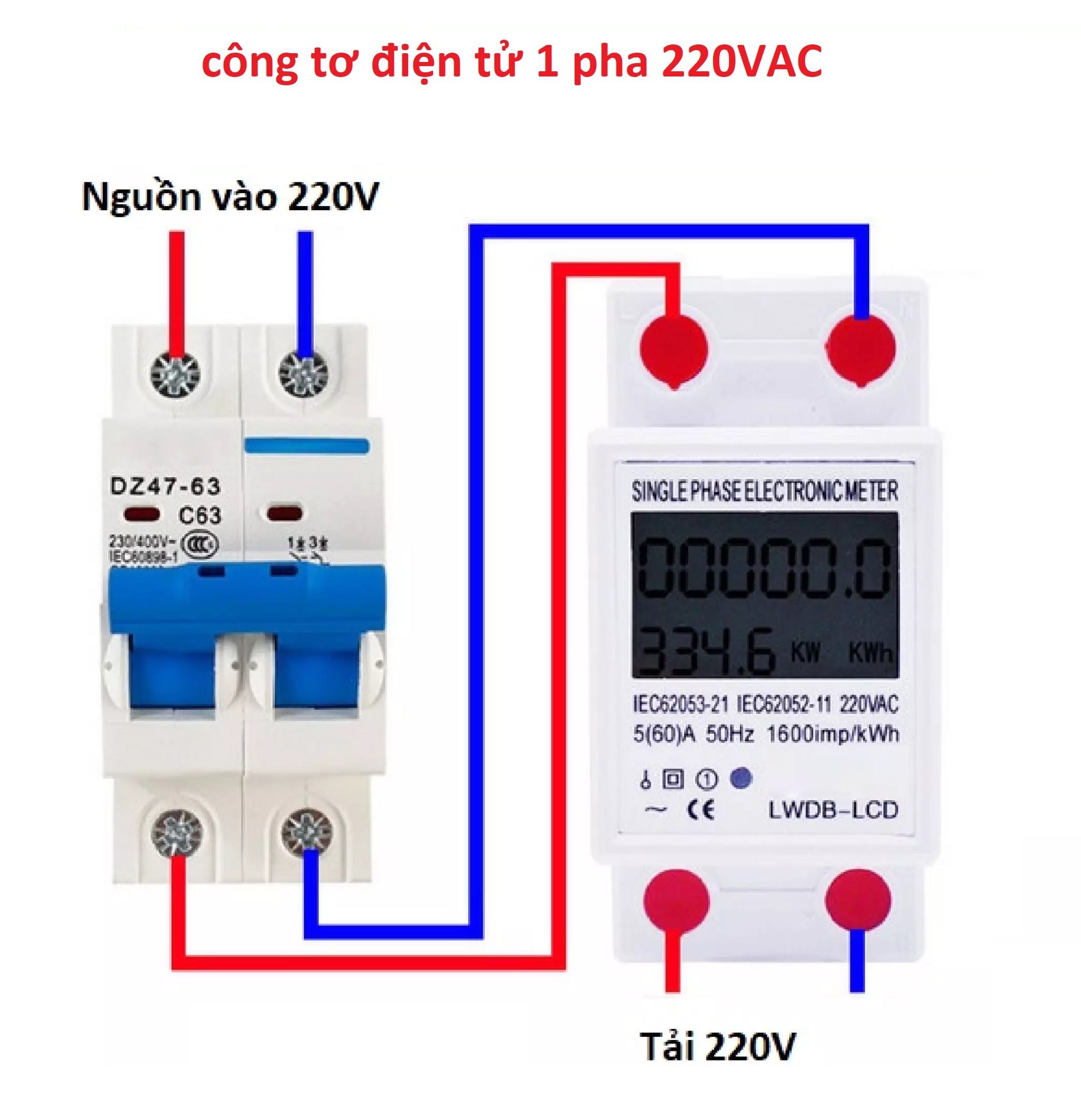 Công tơ điện tử 1 pha 60A 220V - Đồng hồ đo công suất Kwh