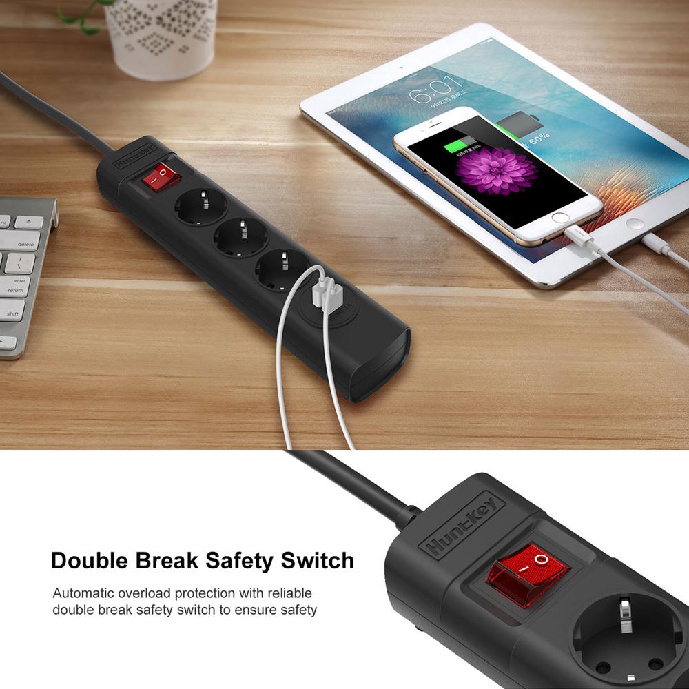 Dải điện Huntkey SGA407 với 3 ổ cắm AC 2 cổng sạc USB Chất liệu chống cháy Cửa chớp bảo vệ trẻ em