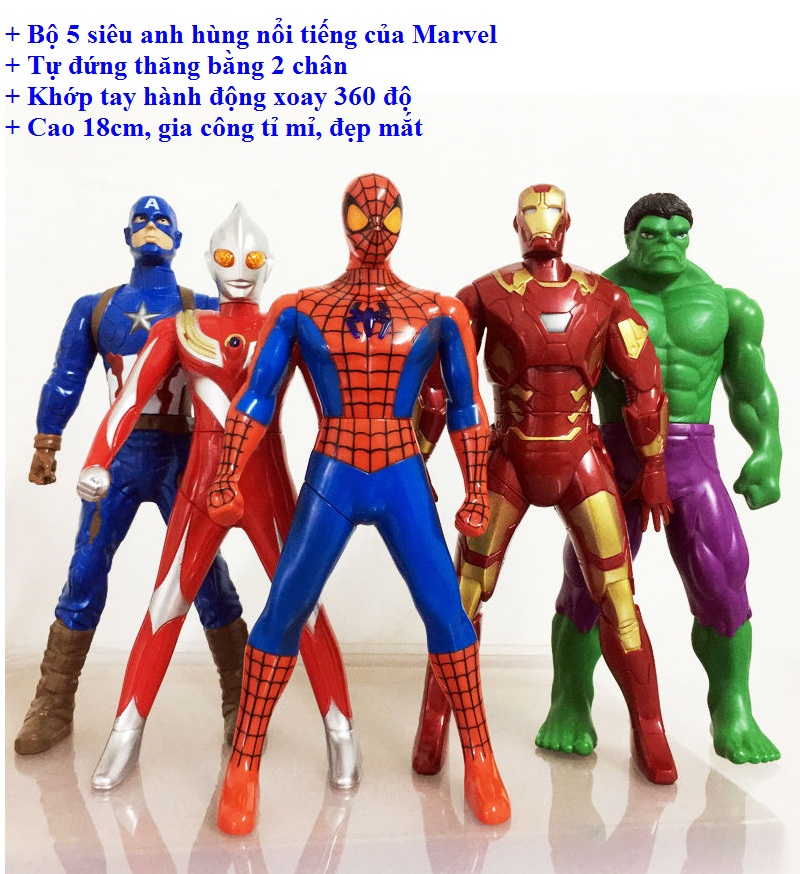 Đồ chơi siêu nhân-Mô hình năm anh em siêu nhân-Combo 5 nhân vật Marvel, DC-Khớp xoay linh hoạt-Tự đứng thăng bằng