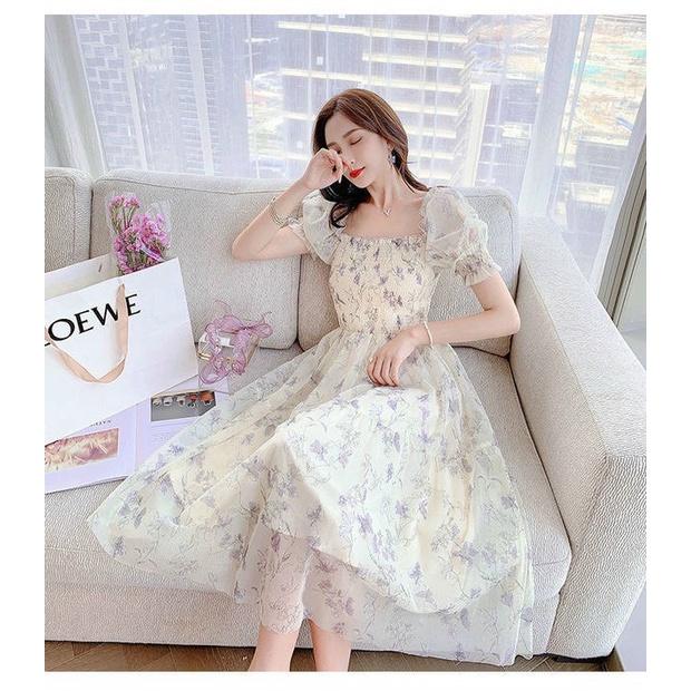 Đầm xoè voan hoa mocking tay phồng siêu xinh