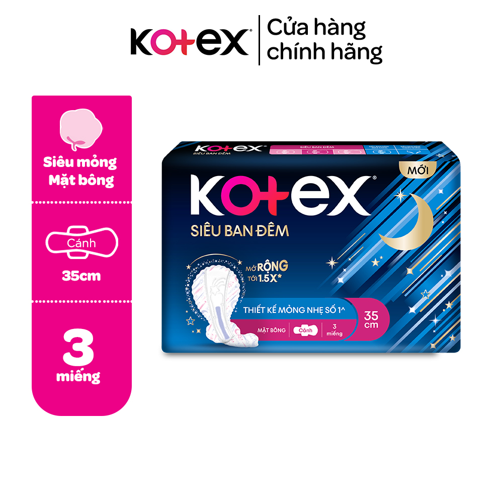 Băng vệ sinh Kotex ban đêm mặt bông 3 miếng 35cm siêu mỏng cánh.