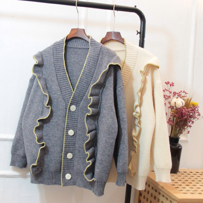 Hàng Quảng Châu - Áo khoác len cardigan phom rộng hàn quốc phối bèo ulzzang - DL51200